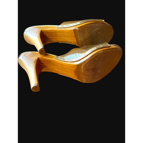 Naughty But Nice Vintage Gold Metallic Wooden Platform Slides - Size 7 - Picture 11 of 12